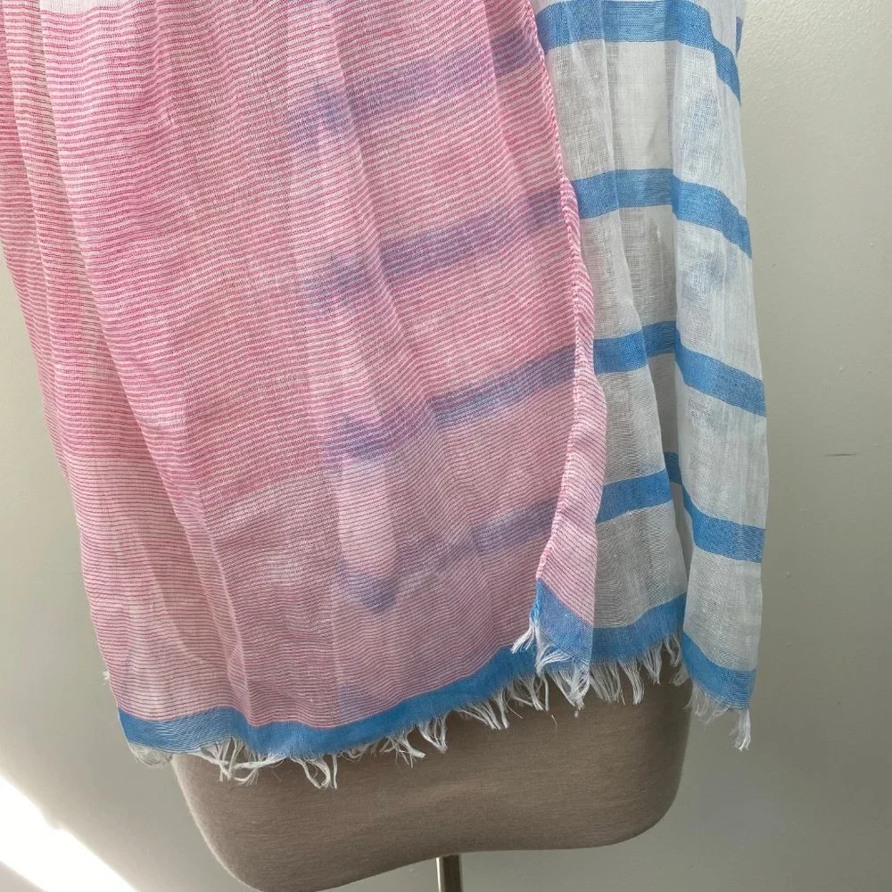 White, Pink & Blue Striped Fringe Scarf 100% Polyester 70